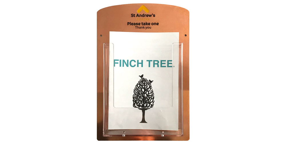 Copper leaflet holder with company logo and text - from FinchTree.co.uk