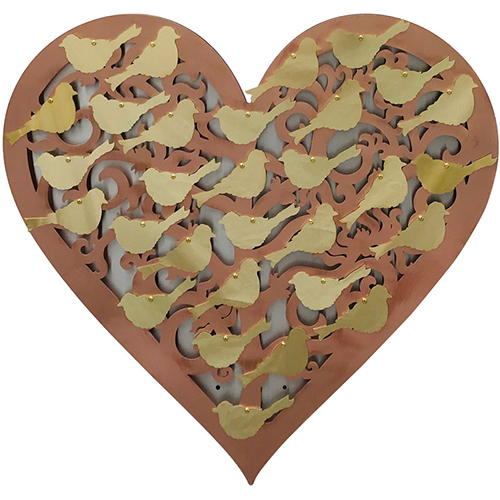Filigree copper heart with brass bird plaques
