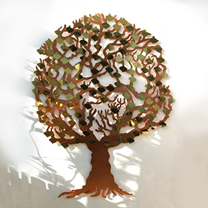 Love tree fundraising tree with brass curved leaf plaques by Bronwen Glazzard